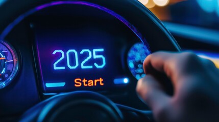 Aufkleber - A hand reaching for a car ignition with the year 2025 displayed.