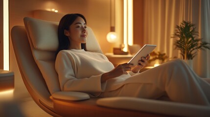 Aufkleber - A woman sits comfortably in a modern chair, engrossed in her tablet. The softly lit room features warm tones and stylish decor, creating a serene atmosphere perfect for relaxation and reading.