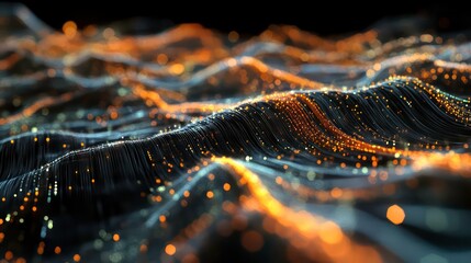 Aufkleber - Abstract visualization of flowing waves with glowing particles, representing data or energy.