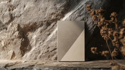 Aufkleber - A contemporary standing brochure mockup featuring a geometric design rests against a textured stone background highlighting its sophistication