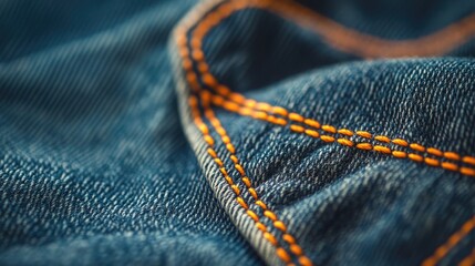 Aufkleber - Close up of faded blue jeans featuring orange stitching