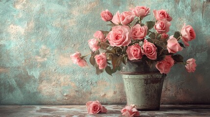 Poster - Vintage background featuring a pot filled with romantic pink roses