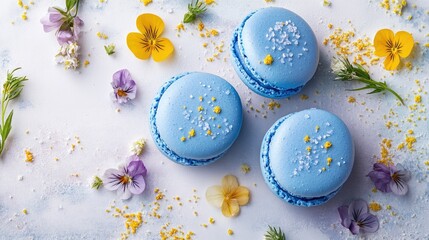 Aufkleber - Blue macarons on a light background adorned with flowers Close up shot