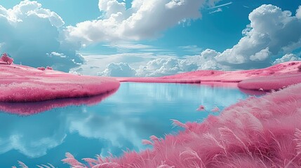 Poster - Pink grass wonderland with blue sky and white clouds with transparent river.