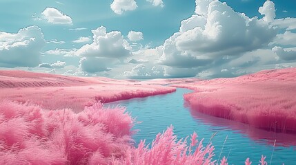 Poster - Pink grass wonderland with blue sky and white clouds with transparent river.