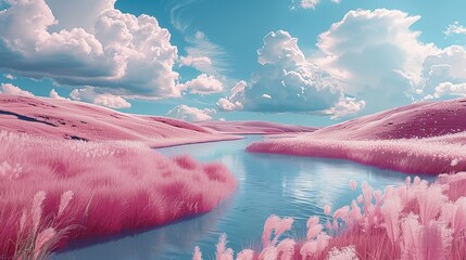 Poster - Pink grass wonderland with blue sky and white clouds with transparent river.