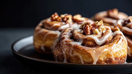 Poster - Cinnamon buns drizzled with glaze garnished with nuts presented on a dark plate against a contrasting dark background