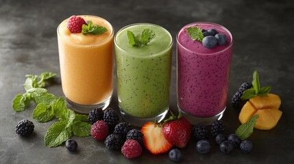 Three vibrant smoothies in various colors are arranged on a table alongside fresh fruit and mint leaves