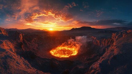 Poster - Panoramic view of a fire crater glowing at sunset