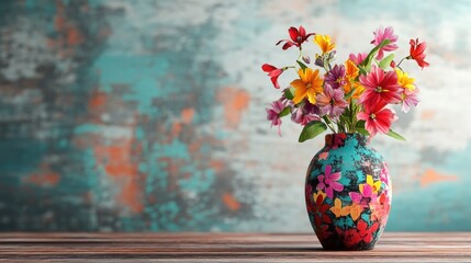 Poster - Vibrantly Designed Floral Vase on a Wooden Table