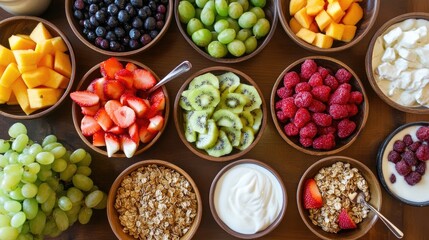 Poster - Vibrant Breakfast Spread Fresh Fruits Accompanied by Yogurt and Granola