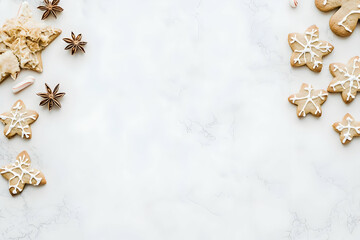 A festive arrangement of gingerbread cookies on a marble surface, perfect for holiday celebrations.