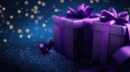 Poster - Elegant purple gift boxes adorned with violet ribbon bows set against a dark blue backdrop featuring lights and sparkles perfect for various festive occasions with space for text