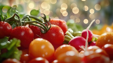 Aufkleber - Close up of fresh tomatoes peppers and radishes featuring a bokeh light effect A vibrant and healthy array of vegetables is showcased