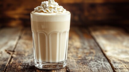 Poster - Creamy vanilla milkshake topped with whipped cream served in a glass on a rustic wooden table