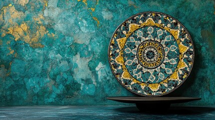 Poster - Intricate Mosaic Plate Showcased Against a Textured Turquoise Backdrop
