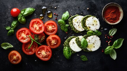 Aufkleber - Classic caprese salad featuring sliced tomatoes mozzarella fresh basil pesto and spices against a dark backdrop Aerial perspective