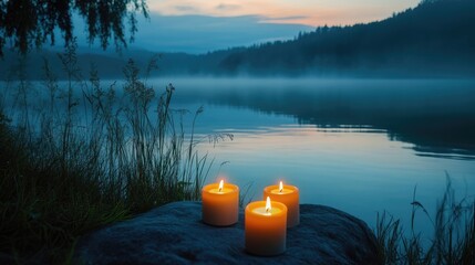 Poster - Glowing candles by a serene lakeside at dusk
