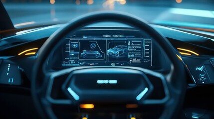 Aufkleber - Interior view of a modern car dashboard showcasing digital displays and controls.