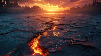 Poster - A cracked, black desert floor with reflections of the sunset.