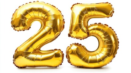 Golden inflatable balloons shaped as the number 25 isolated on a white background Ideal for party decorations celebrations anniversaries and birthdays