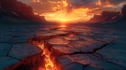 Poster - A cracked, black desert floor with reflections of the sunset.