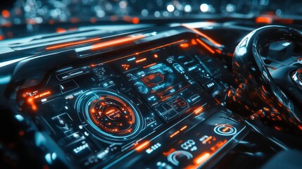 Aufkleber - A futuristic car dashboard with glowing controls and displays.