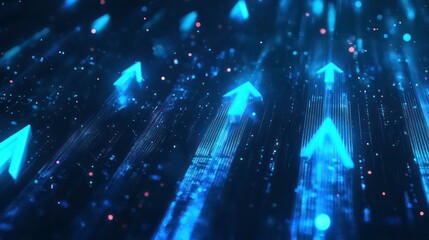 Leinwandbilder - A digital abstract design featuring upward arrows and particles, symbolizing progress and growth.