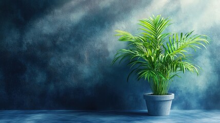 Poster - A vibrant green plant in front of a calming blue concrete backdrop softly illuminated to create an enchanting atmosphere providing plenty of space for text