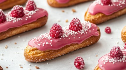 Poster - Assortment of delectable eclairs topped with pink raspberry glaze and sugar sprinkles on a light background