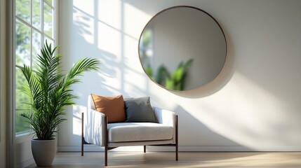 Poster - A circular mirror enhances the decor of a modern living room set above a cozy armchair A vibrant potted plant adds a natural element fostering a balanced atmosphere