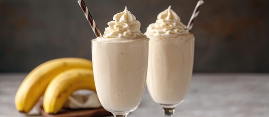 Poster - Banana Milkshake In Glasses With Straw