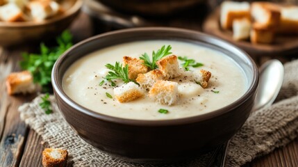 Poster - Delicious creamy soup garnished with croutons presented on a rustic wooden table