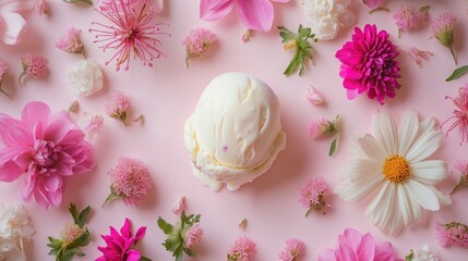 Poster - Minimalist arrangement featuring artistic ice cream surrounded by vibrant flowers on soft pastel paper in a top view layout Flat lay composition