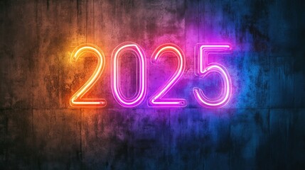 Aufkleber - Neon sign displaying the number 2025 against a dark backdrop representing the arrival of a new year