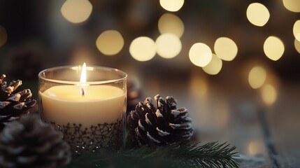 Aufkleber - A warm holiday setting showcasing a glowing candle pinecones and twinkling lights ideal for capturing the essence of winter joy and comfort