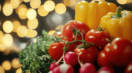 Aufkleber - Close up of fresh tomatoes peppers and radishes featuring a bokeh light effect A vibrant and healthy array of vegetables is showcased