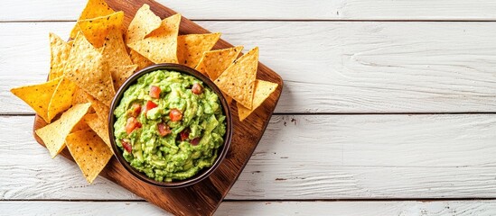 Aufkleber - Bowl Of Traditional Mexican Guacamole With Nachos On Wooden Board On A White Wooden Surface Overhead From Above Top View Flat Lay