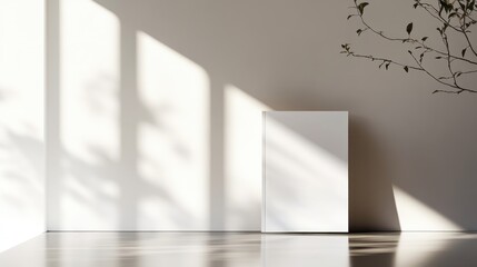 Fototapete - A sleek and minimalistic brochure mockup is displayed upright on a polished surface featuring gentle shadows created by soft natural light
