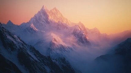 Poster - Majestic mountain landscape at sunrise featuring snow capped peaks and stunning light captured in cinematic 8k photorealistic detail