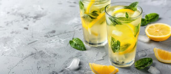 Two Glasses Of Fresh Lemonade Drink Or Mojito Cocktail On Gray