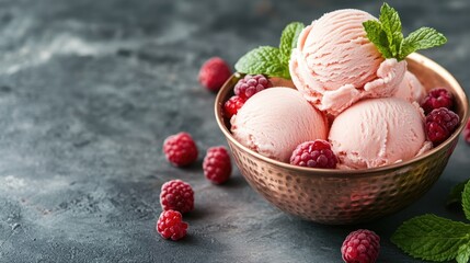 Aufkleber - Raspberry ice cream scoops in a copper bowl adorned with forest berries and mint A summer food theme featuring ample copy space for banners