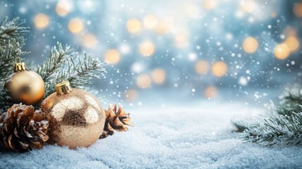 Poster - Christmas decorations surrounded by snow and a softly blurred background