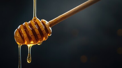 Aufkleber - Honey dripping from a wooden dipper against a dark background A sweet natural product ideal for your design projects featuring ample copyspace