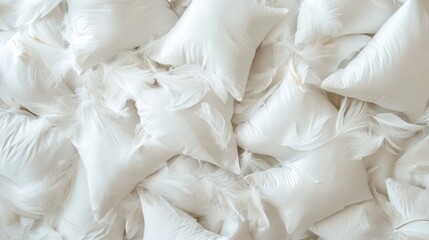 Poster - A multitude of white pillows creates a backdrop filled with disorganized feather cushions