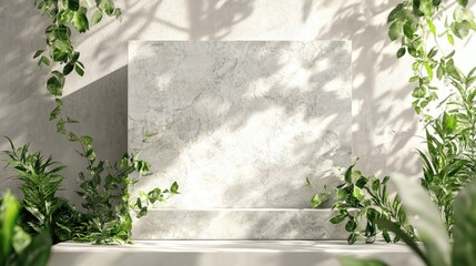 Aufkleber - Nature inspired marble stone podium backdrop mockup template featuring creative design ideas enhanced by greenery and leafy decorations