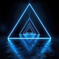 Poster - A blue neon triangle repeating into the distance against a black background.