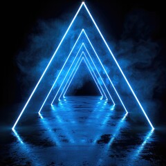 Poster - A blue neon triangle repeating into the distance against a black background.
