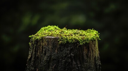 Poster - Front view of a moss covered tree stump against a dark background