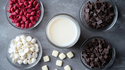 Poster - Ingredients for preparing hot chocolate featuring white milk ruby and dark chocolate chips alongside a glass of milk captured from a high angle over a gray backdrop